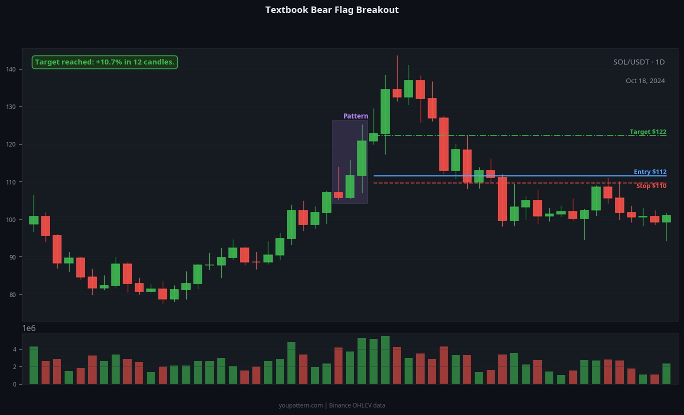 Bear Flag successful trade example on SOL/USDT 1D chart