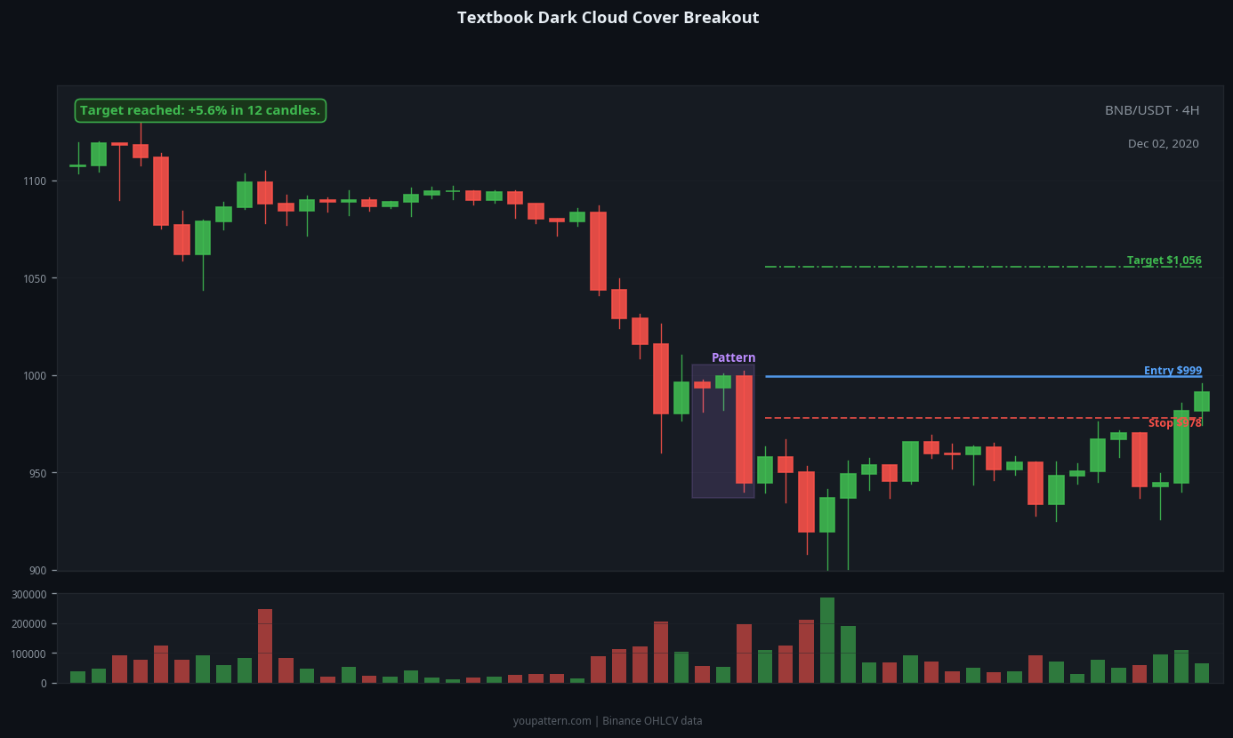 Dark Cloud Cover successful trade example on BNB/USDT 4H chart
