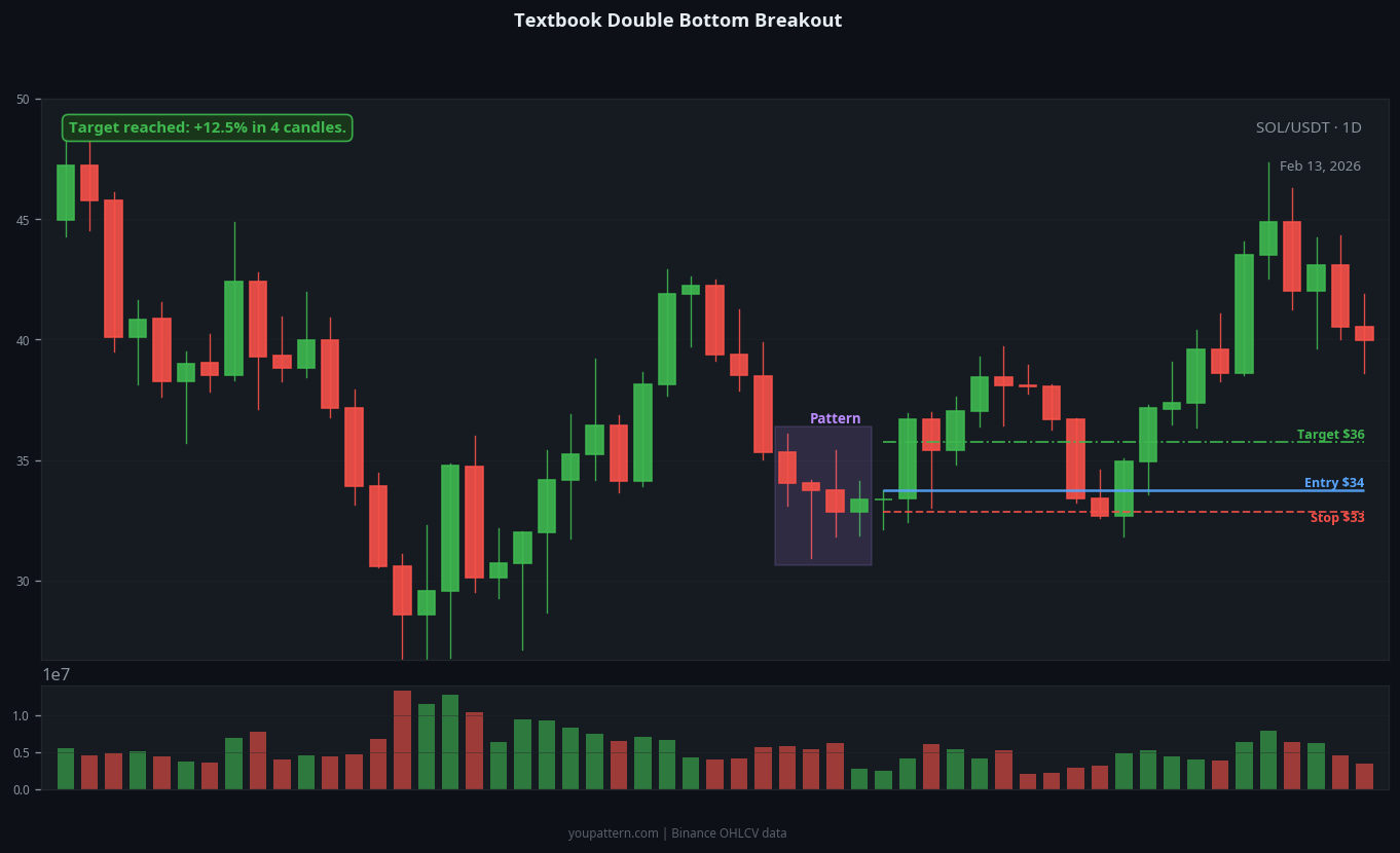 Double Bottom successful trade example on SOL/USDT 1D chart