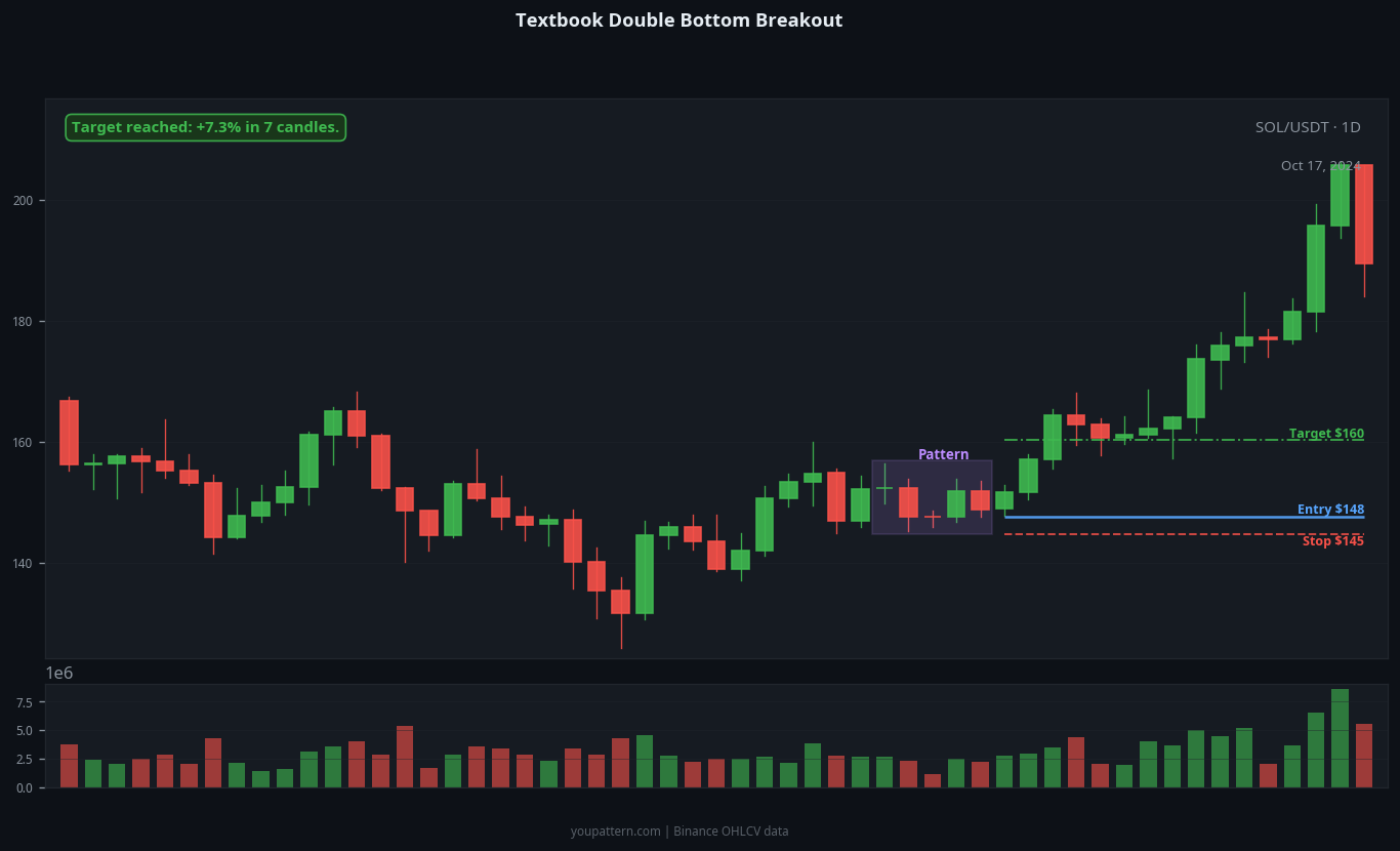 Double Bottom successful trade example on SOL/USDT 1D chart