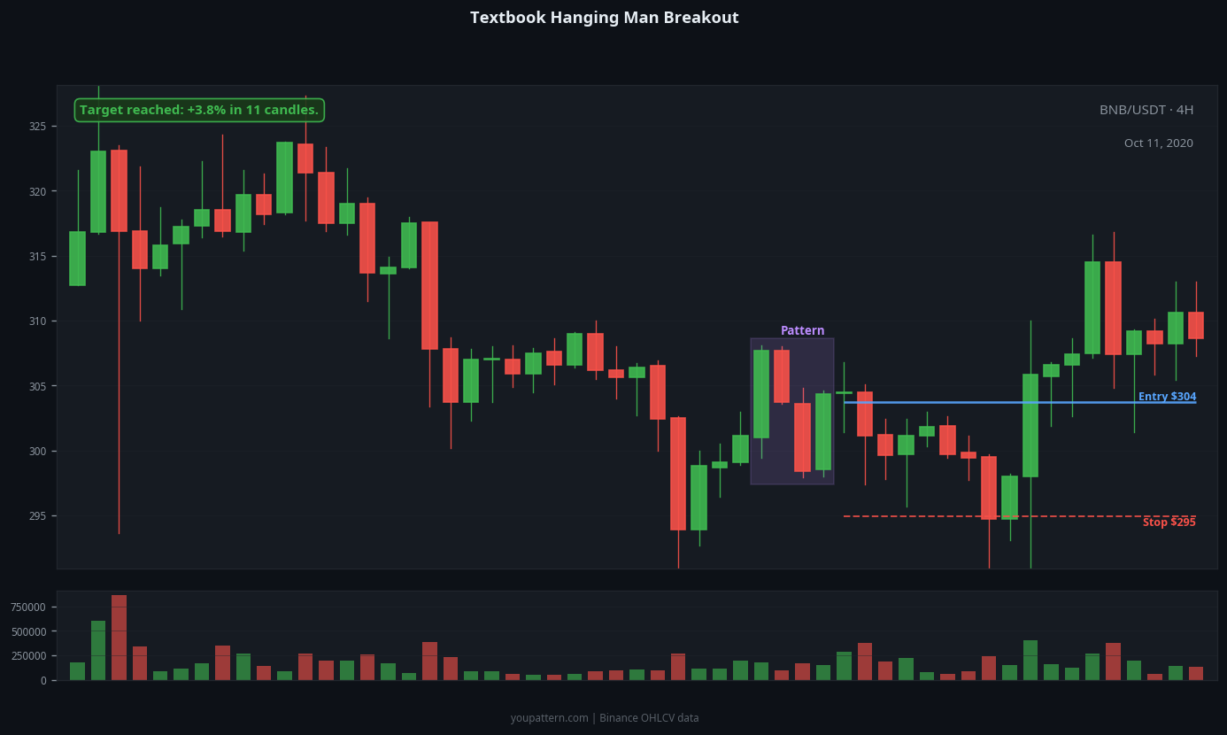Hanging Man successful trade example on BNB/USDT 4H chart