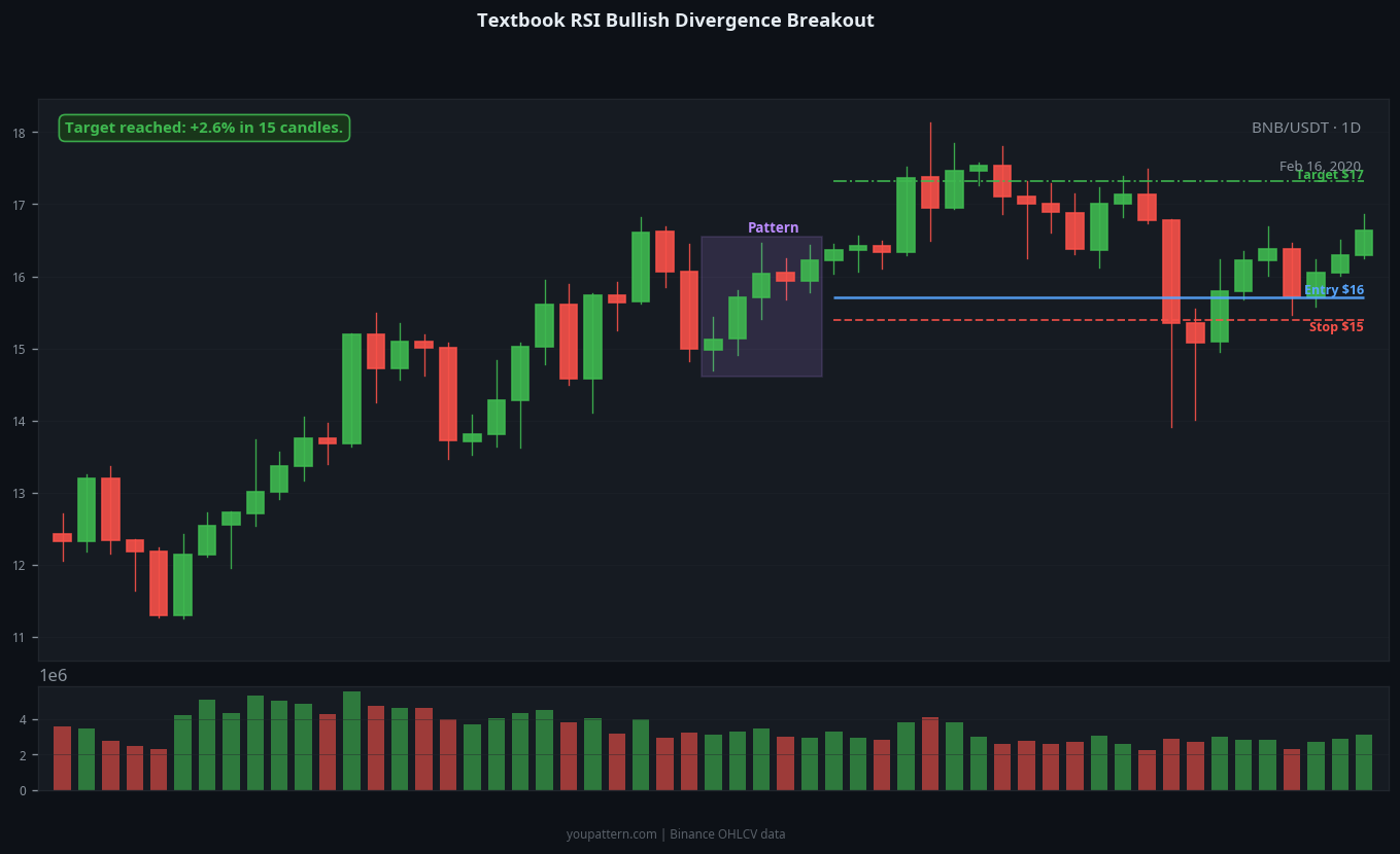 RSI Bullish Divergence successful trade example on BNB/USDT 1D chart