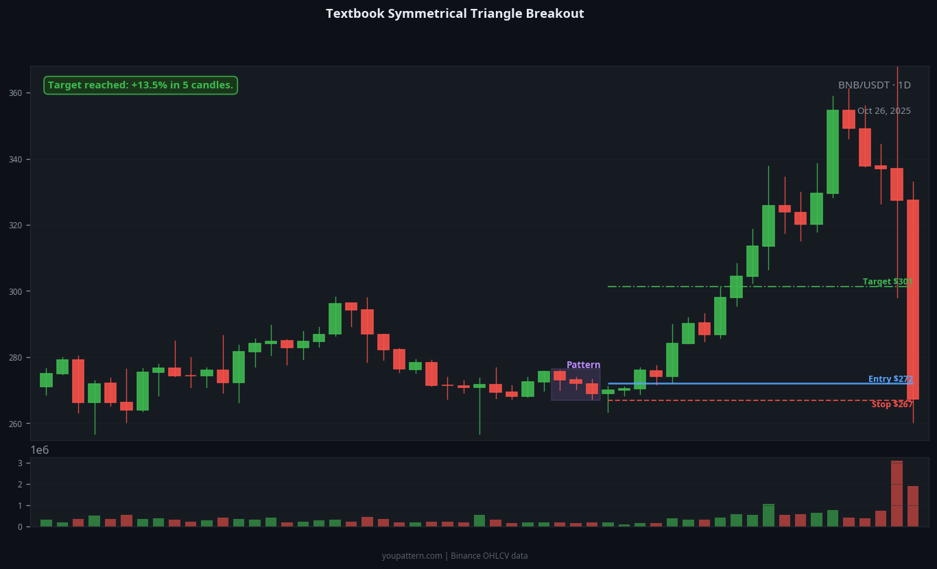 Symmetrical Triangle successful trade example on BNB/USDT 1D chart