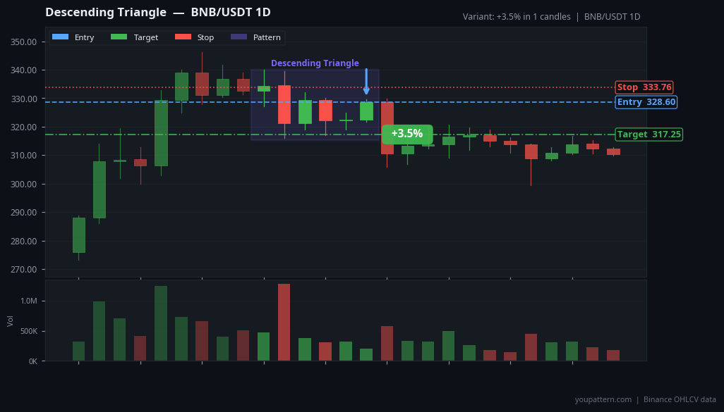 Descending Triangle Pattern real example on BNB/USDT — Daily Chart