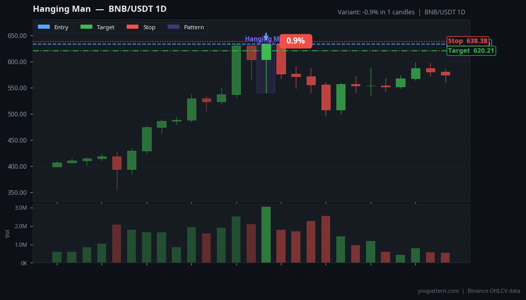 Hanging Man on BNB/USDT 1D — Mar 15, 2024 — failure example
