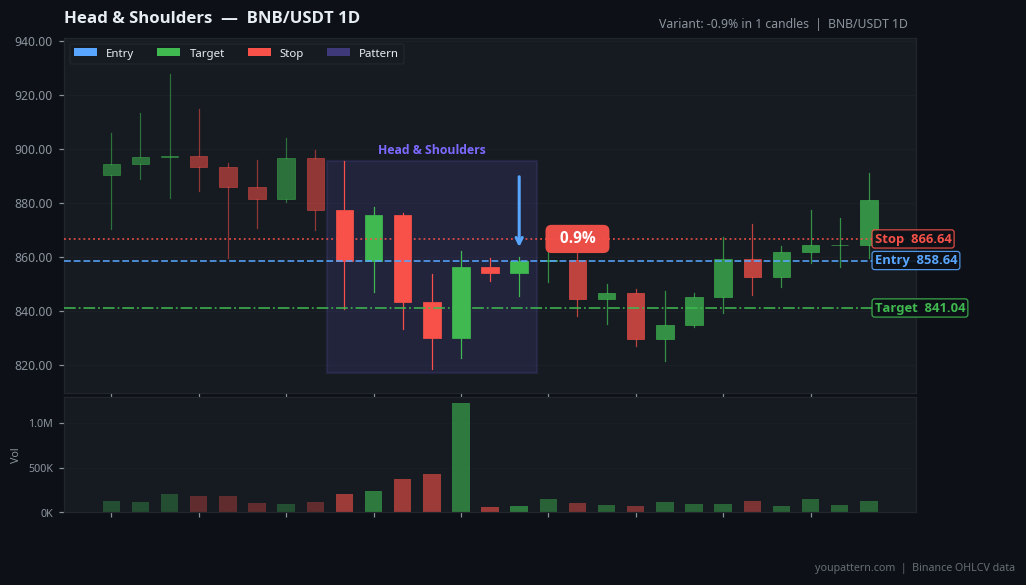 Head and Shoulders Pattern real example on BNB/USDT — Daily Chart
