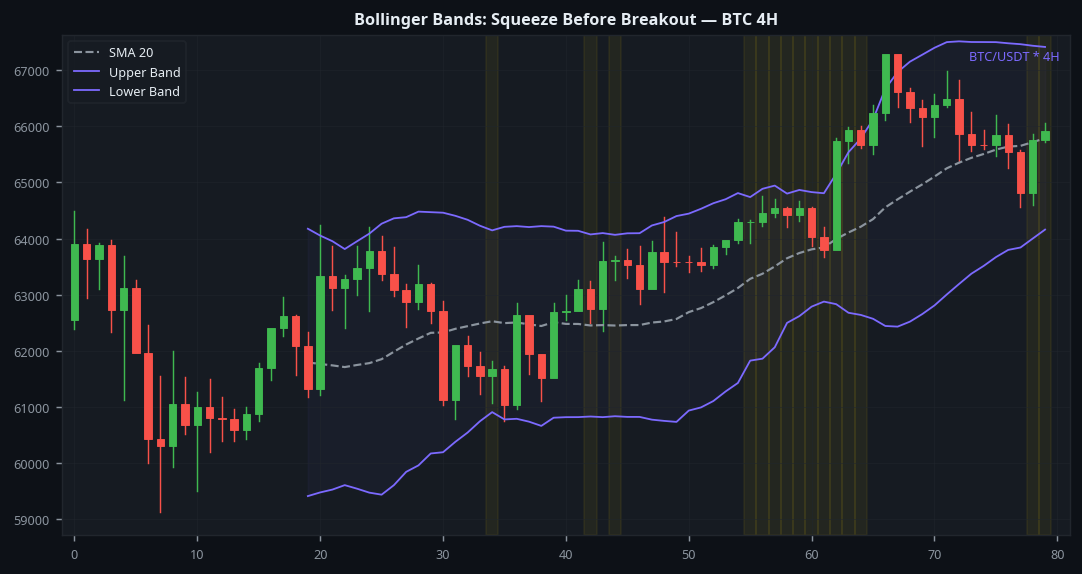 Bollinger bands squeeze before breakout BTC 4H crypto trading guide