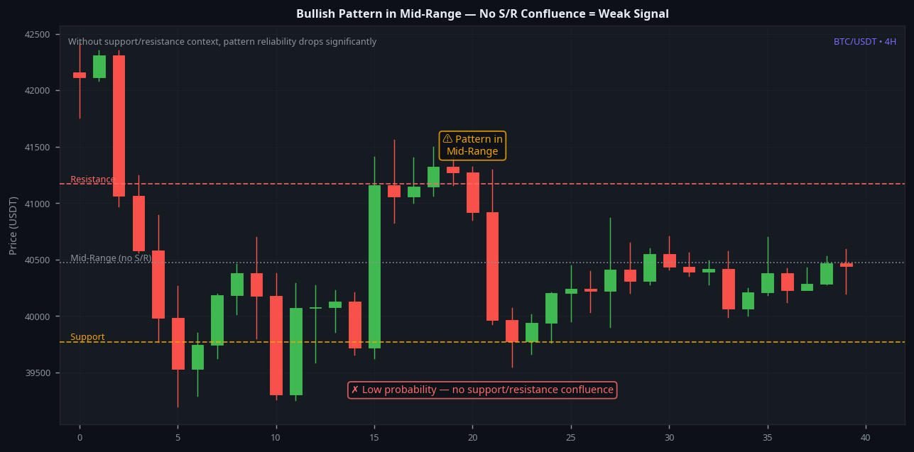 Candlestick pattern in mid-range with no support resistance confluence showing weak signal