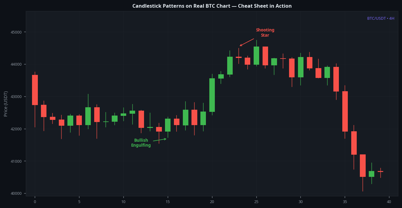 Candlestick patterns cheat sheet real BTC chart examples with annotations showing multiple patterns