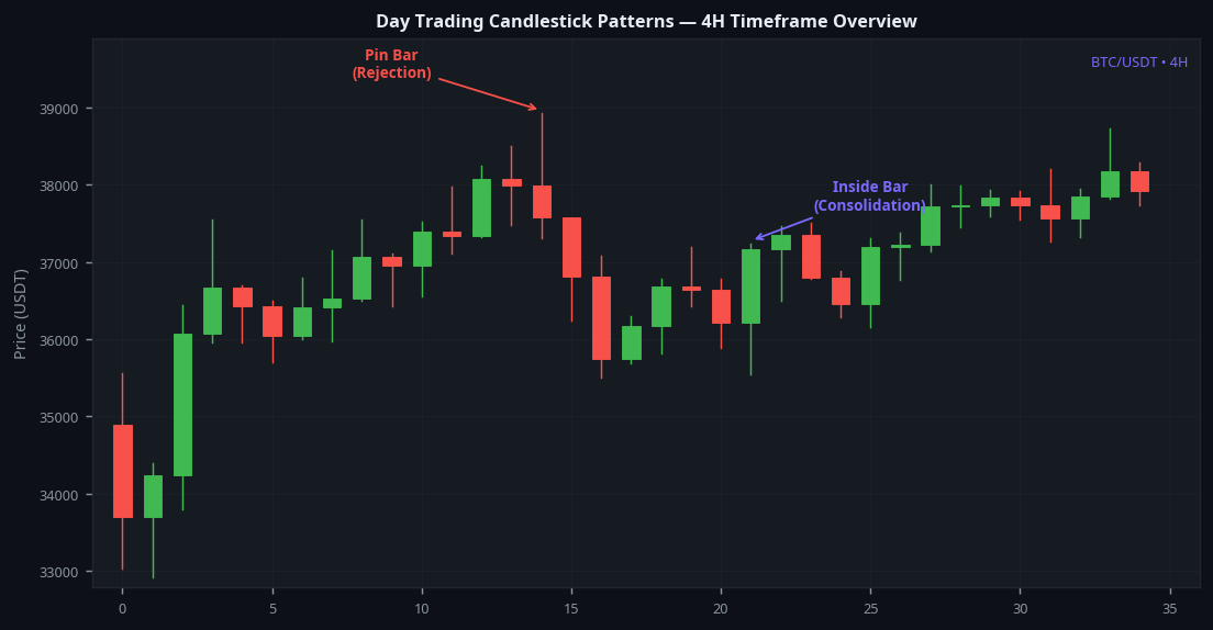 Day trading candlestick patterns on 4H timeframe overview showing multiple patterns on BTC chart