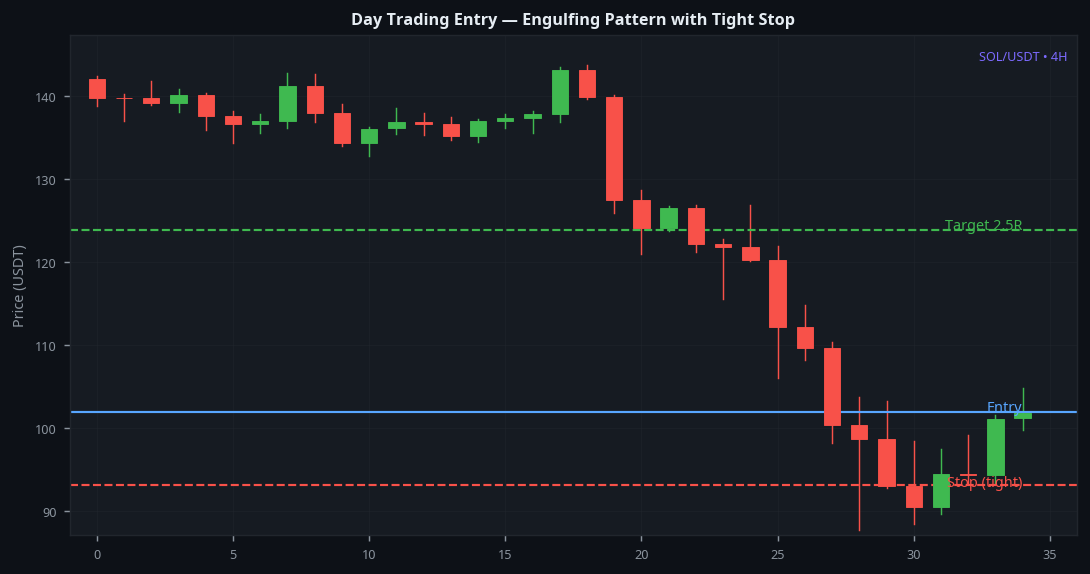 Day trading entry with engulfing pattern and tight stop loss on SOL 4H chart setup