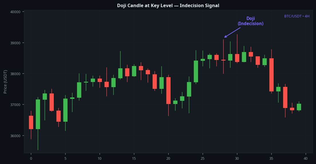 Doji candle at key support resistance level showing indecision signal on BTC 4H real chart example