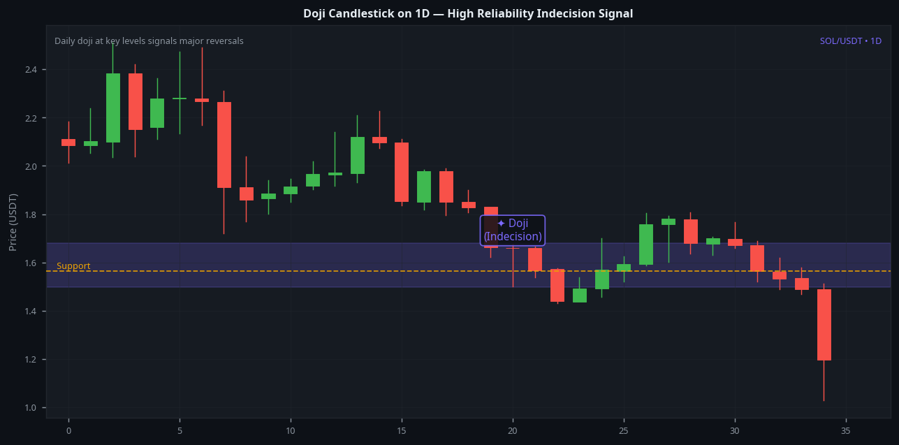 Doji candlestick 1D daily timeframe high reliability signal SOL Solana real example