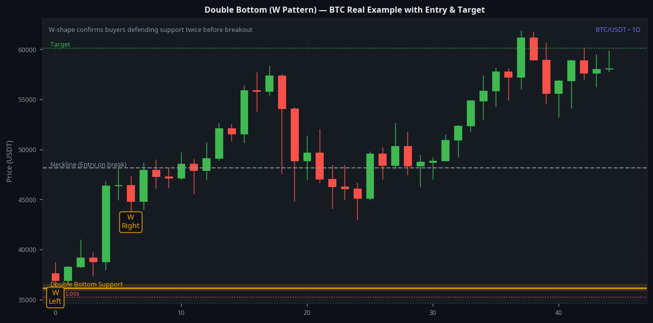 Double bottom W pattern BTC 1D real example with entry stop loss and target levels