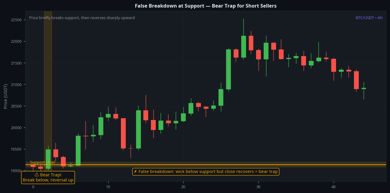False breakdown below support bear trap BTC 4H real example short sellers trapped