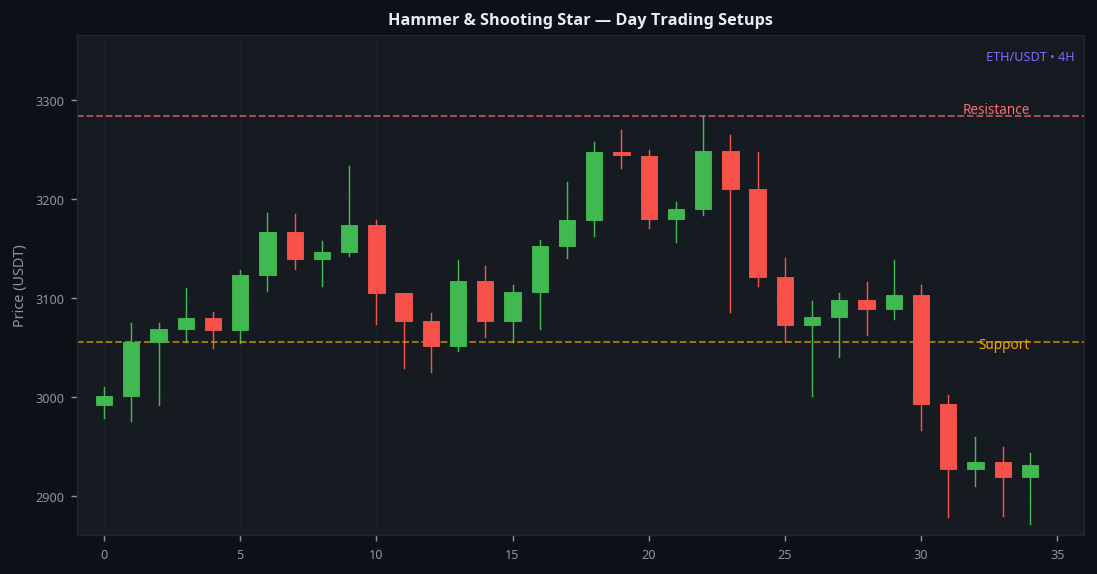 Hammer and Shooting Star day trading setups on ETH 4H at support and resistance levels
