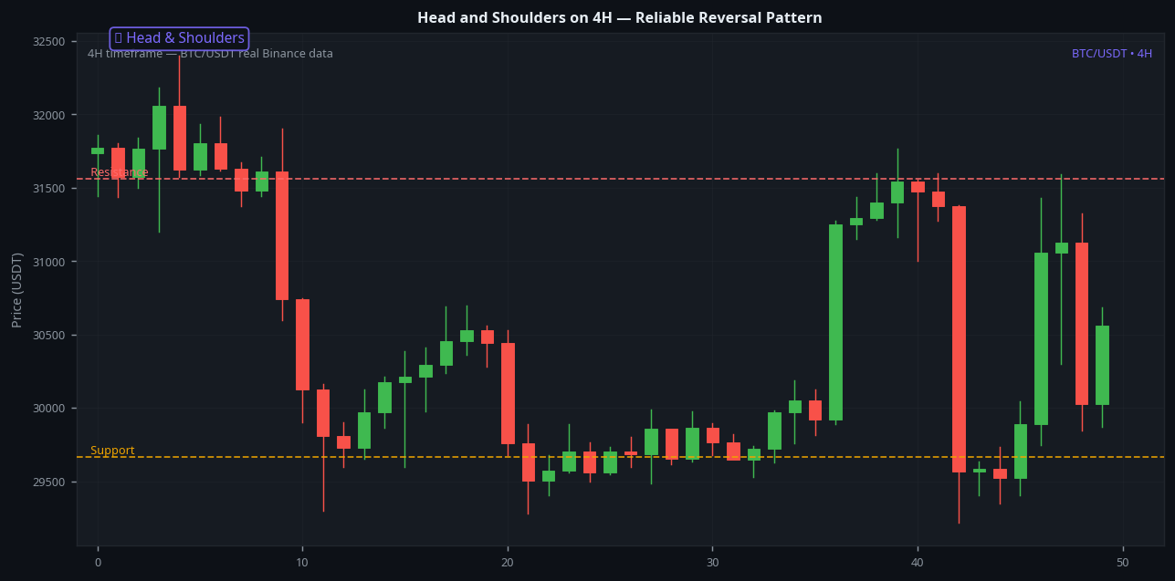 Head and shoulders chart pattern 4H timeframe BTC Bitcoin reliable reversal pattern example
