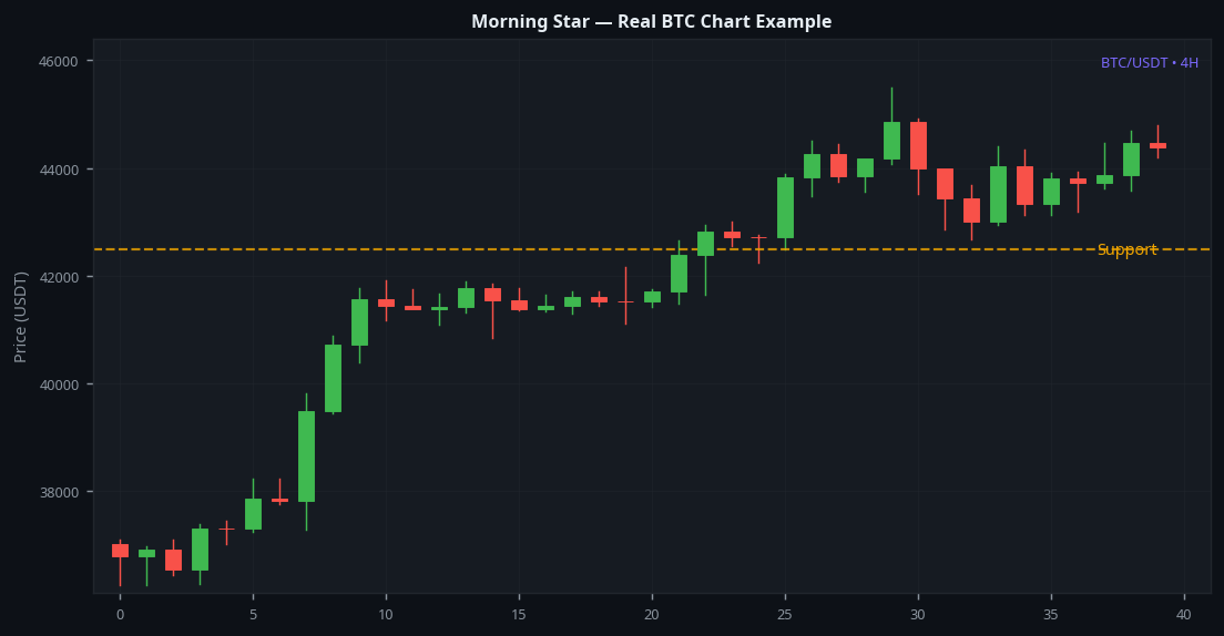 Morning Star real BTC 4H chart example showing bullish reversal at support level
