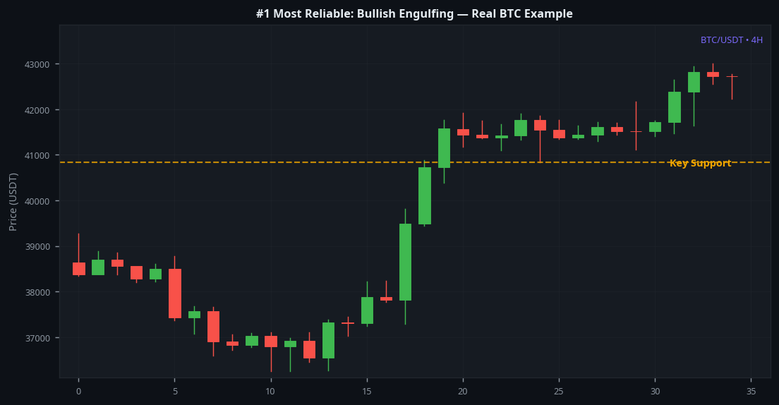 Most reliable candlestick pattern bullish engulfing real example on BTC 4H chart