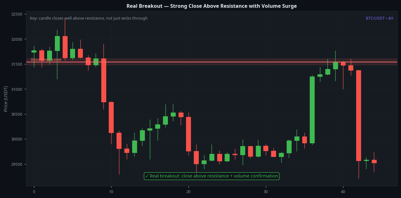 Real breakout above resistance with strong close and volume confirmation BTC 4H example