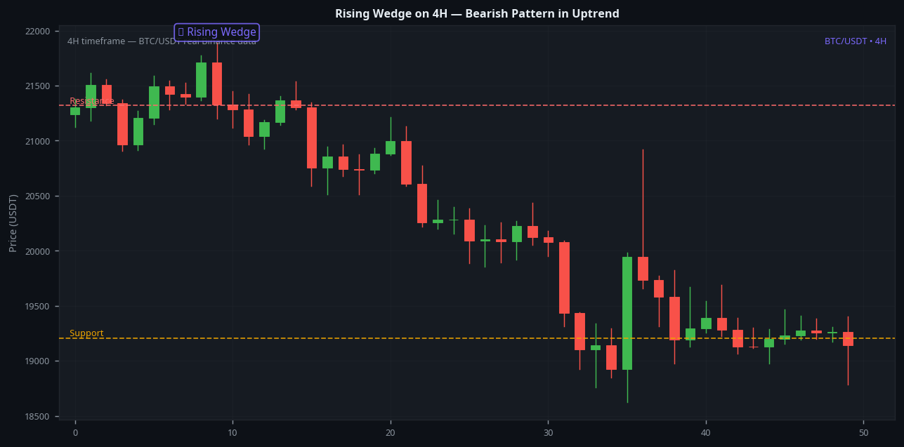 Rising wedge chart pattern 4H timeframe BTC bearish pattern in uptrend breakdown