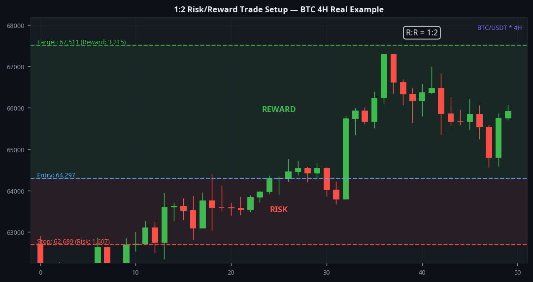 Risk reward ratio 1:2 trade setup BTC 4H crypto trading example