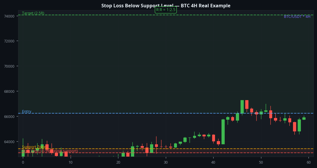 Stop loss below support level BTC 4H crypto risk management guide